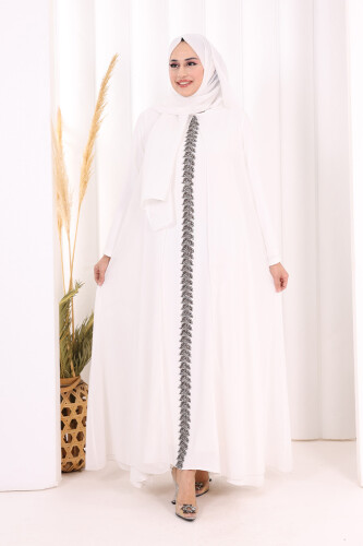 Pelerinli Ön Kısım İşleme Detay  Elbise ŞAL HEDİYE  3868 Ekru 