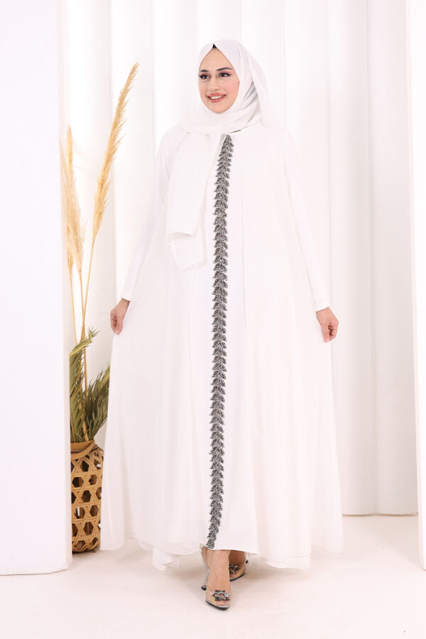 Pelerinli Ön Kısım İşleme Detay  Elbise ŞAL HEDİYE  3868 Ekru - 1
