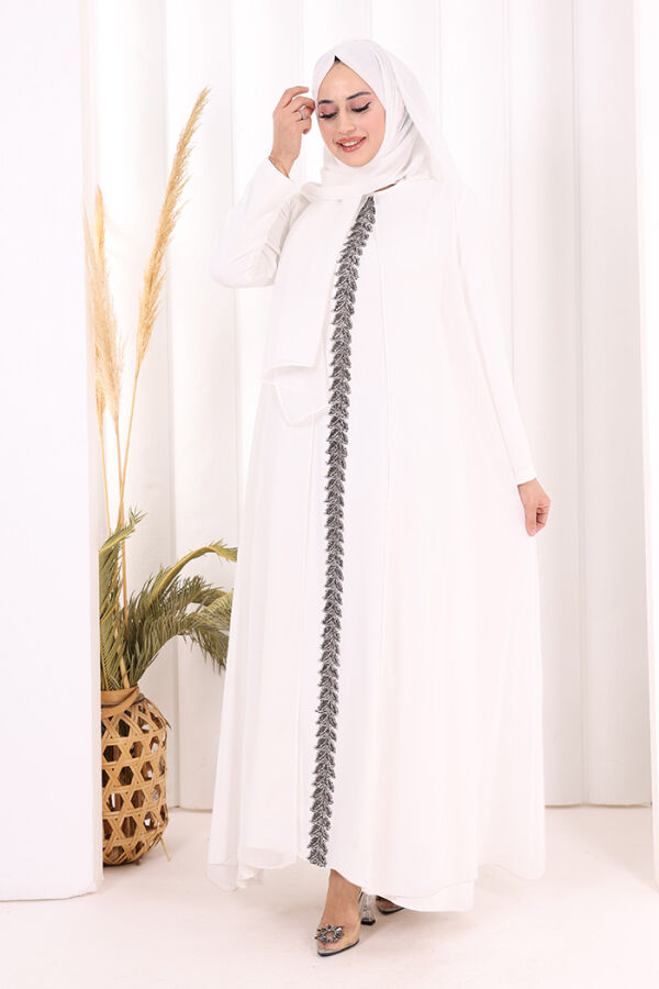 Pelerinli Ön Kısım İşleme Detay  Elbise ŞAL HEDİYE  3868 Ekru - 2