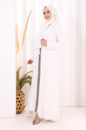 Pelerinli Ön Kısım İşleme Detay  Elbise ŞAL HEDİYE  3868 Ekru - 3