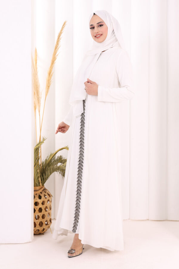 Pelerinli Ön Kısım İşleme Detay  Elbise ŞAL HEDİYE  3868 Ekru - 3