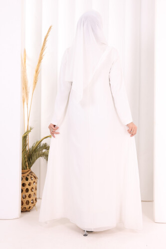 Pelerinli Ön Kısım İşleme Detay  Elbise ŞAL HEDİYE  3868 Ekru - 4