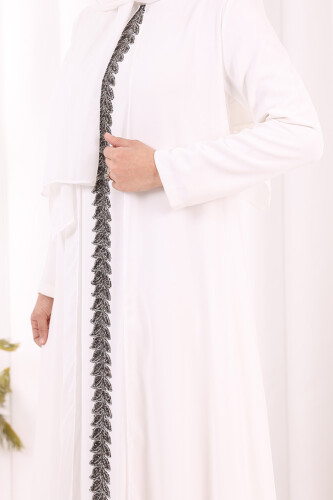 Pelerinli Ön Kısım İşleme Detay  Elbise ŞAL HEDİYE  3868 Ekru - 6