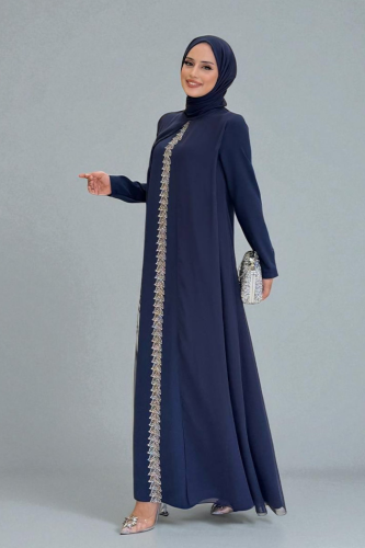 Pelerinli Ön Kısım İşleme Detay Şallı Elbise 3868 Lacivert - 2