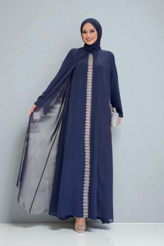 Pelerinli Ön Kısım İşleme Detay Şallı Elbise 3868 Lacivert - Bym Fashion