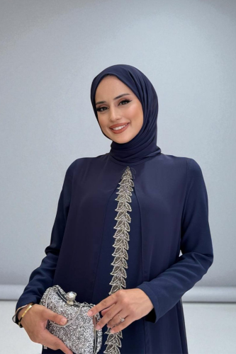 Pelerinli Ön Kısım İşleme Detay Şallı Elbise 3868 Lacivert - 3