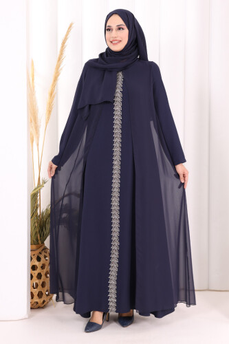 Pelerinli Ön Kısım İşleme Detay  Elbise ŞAL HEDİYE  3868 Lacivert 