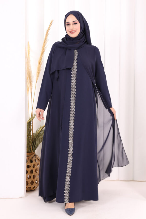 Pelerinli Ön Kısım İşleme Detay  Elbise ŞAL HEDİYE  3868 Lacivert - 2