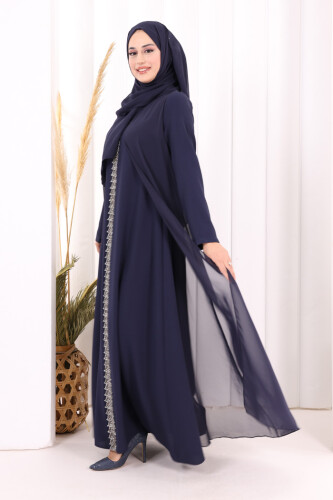 Pelerinli Ön Kısım İşleme Detay  Elbise ŞAL HEDİYE  3868 Lacivert - 3