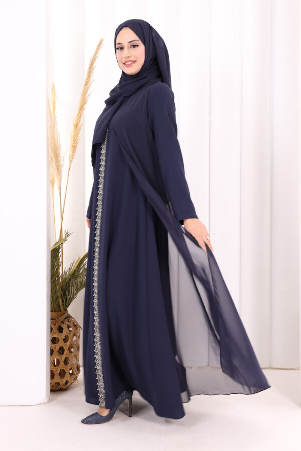 Pelerinli Ön Kısım İşleme Detay  Elbise ŞAL HEDİYE  3868 Lacivert - 3