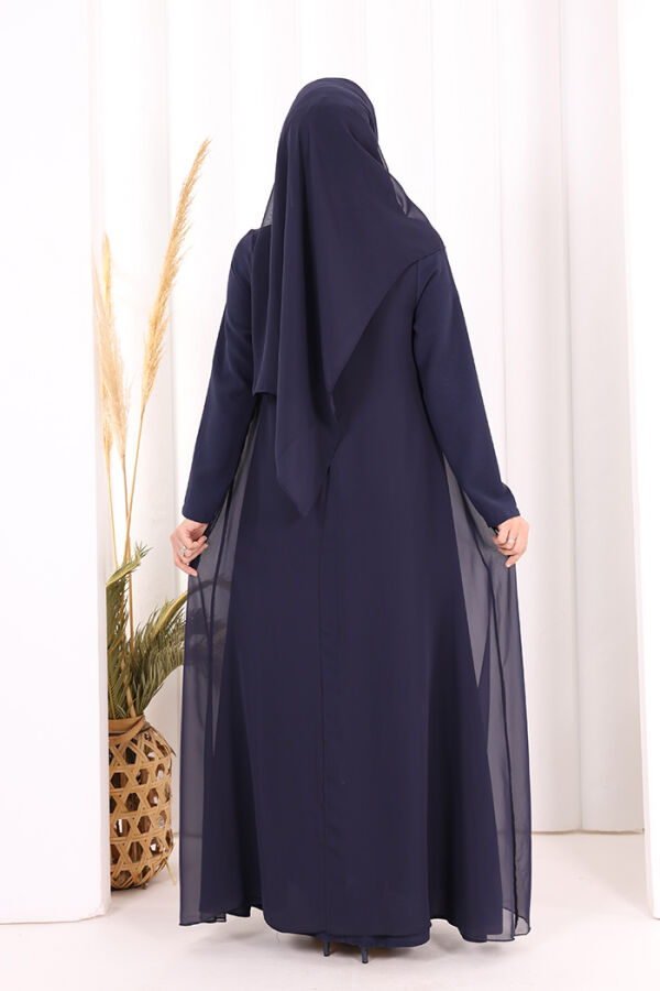 Pelerinli Ön Kısım İşleme Detay  Elbise ŞAL HEDİYE  3868 Lacivert - 4