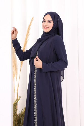 Pelerinli Ön Kısım İşleme Detay  Elbise ŞAL HEDİYE  3868 Lacivert - 5