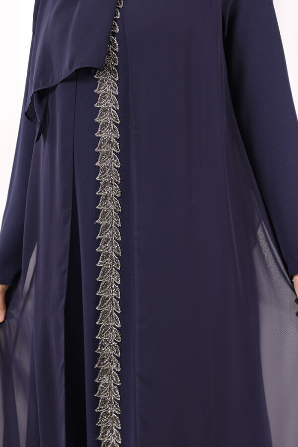 Pelerinli Ön Kısım İşleme Detay  Elbise ŞAL HEDİYE  3868 Lacivert - 6
