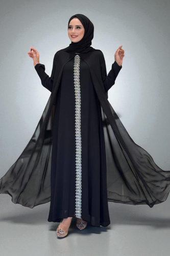 Pelerinli Ön Kısım İşleme Detay Şallı Elbise 3868 Siyah - Bym Fashion