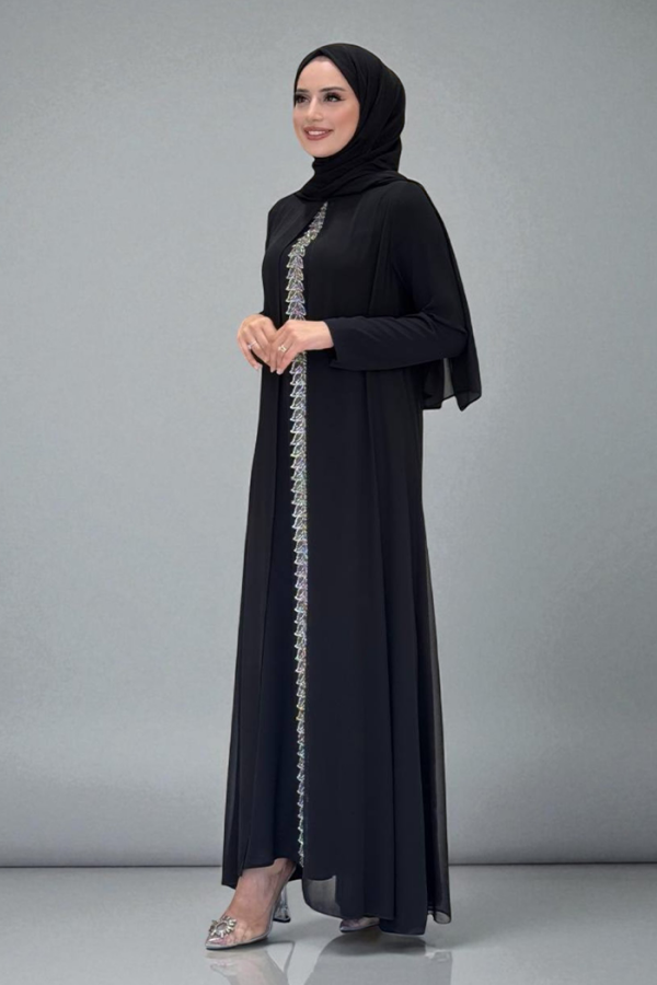Pelerinli Ön Kısım İşleme Detay Şallı Elbise 3868 Siyah - 3