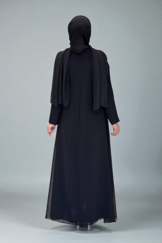 Pelerinli Ön Kısım İşleme Detay Şallı Elbise 3868 Siyah - 2