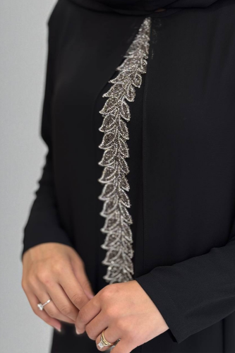 Pelerinli Ön Kısım İşleme Detay Şallı Elbise 3868 Siyah - 5