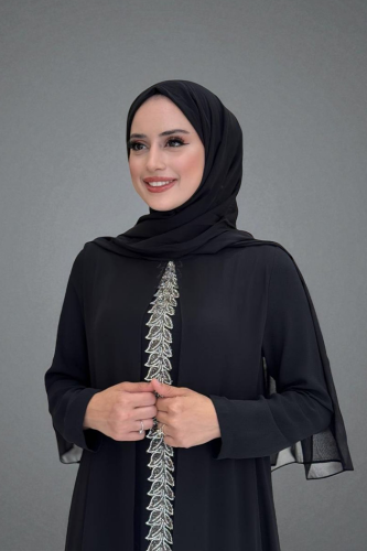 Pelerinli Ön Kısım İşleme Detay Şallı Elbise 3868 Siyah - 4