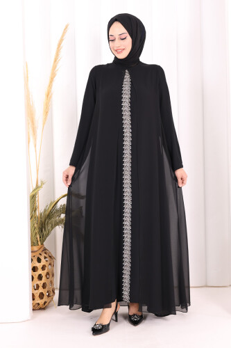 Pelerinli Ön Kısım İşleme Detay  Elbise ŞAL HEDİYE  3868 Siyah - 1