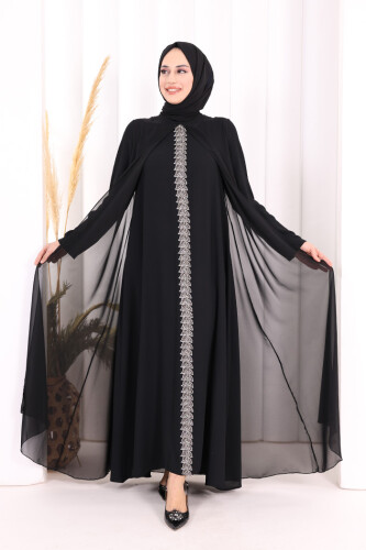 Pelerinli Ön Kısım İşleme Detay  Elbise ŞAL HEDİYE  3868 Siyah - 2