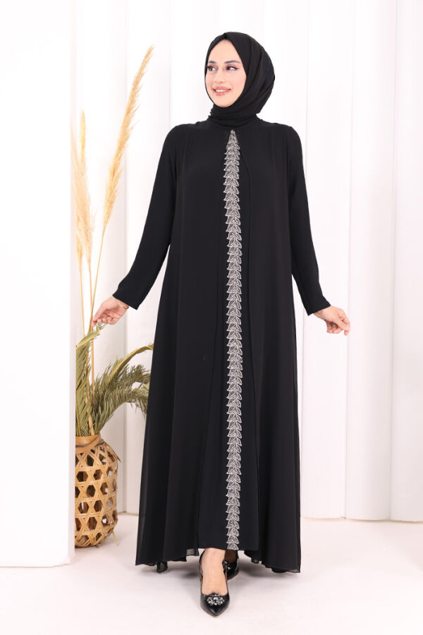 Pelerinli Ön Kısım İşleme Detay  Elbise ŞAL HEDİYE  3868 Siyah - 3