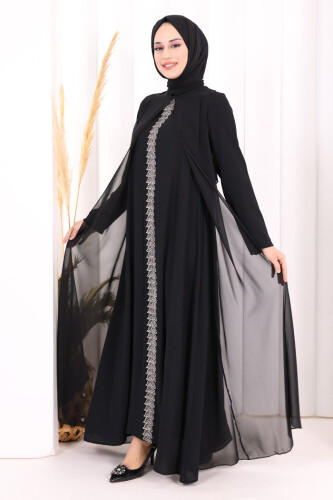 Pelerinli Ön Kısım İşleme Detay  Elbise ŞAL HEDİYE  3868 Siyah - 4