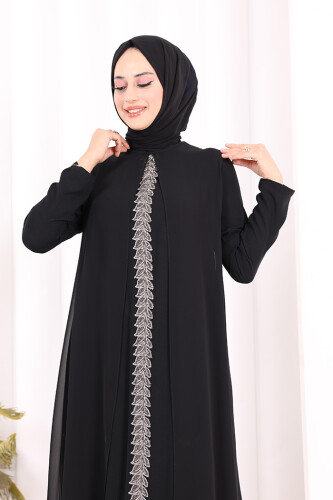 Pelerinli Ön Kısım İşleme Detay  Elbise ŞAL HEDİYE  3868 Siyah - 6