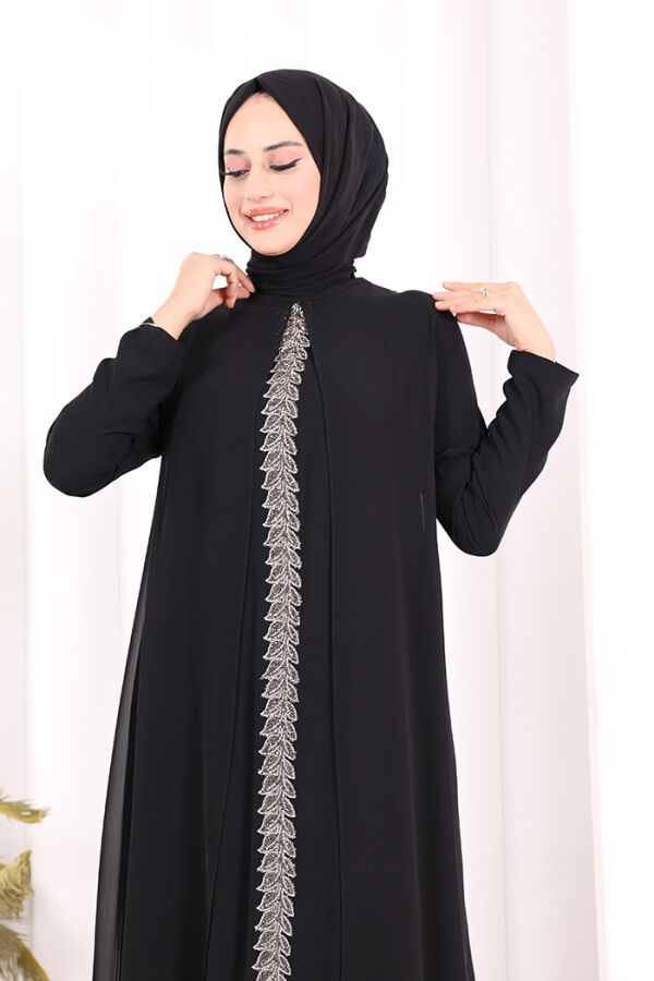 Pelerinli Ön Kısım İşleme Detay  Elbise ŞAL HEDİYE  3868 Siyah - 6