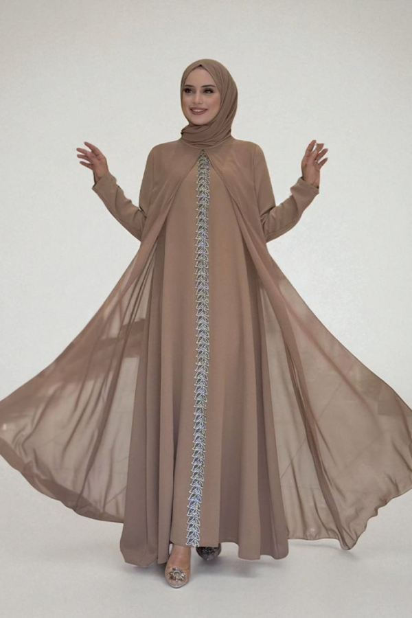 Pelerinli Ön Kısım İşleme Detay Şallı Elbise 3868 Vizon - 1