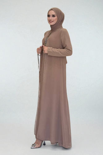 Pelerinli Ön Kısım İşleme Detay Şallı Elbise 3868 Vizon - 3