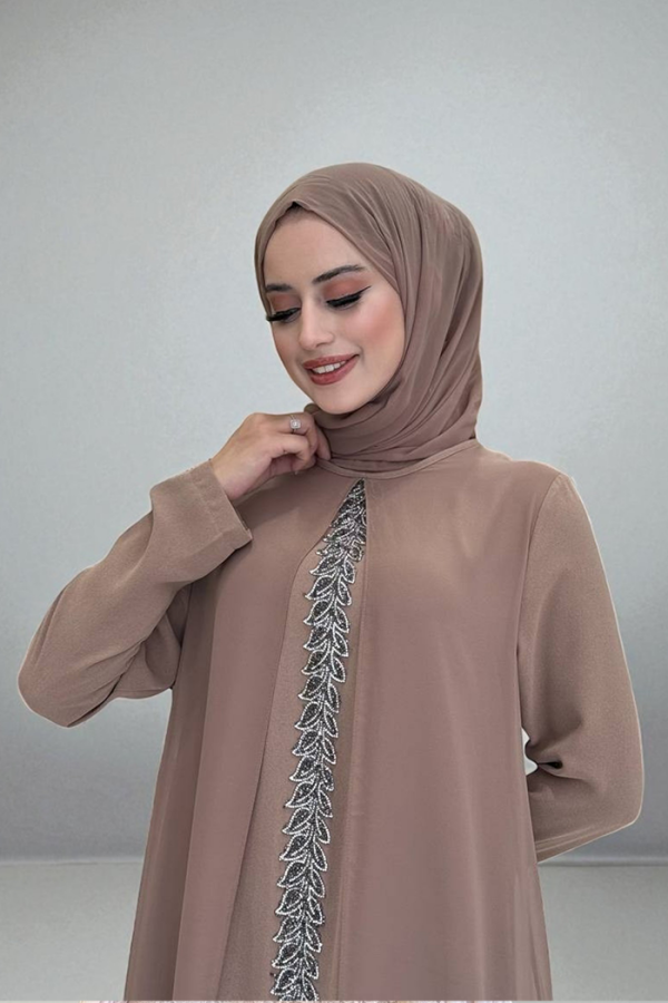 Pelerinli Ön Kısım İşleme Detay Şallı Elbise 3868 Vizon - 5