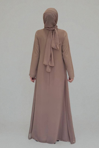 Pelerinli Ön Kısım İşleme Detay Şallı Elbise 3868 Vizon - 2