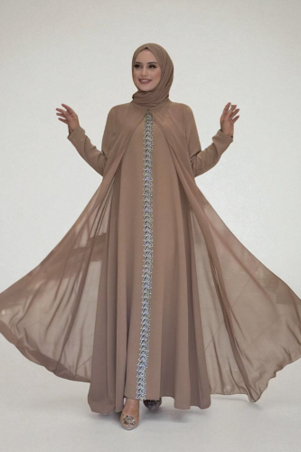 Pelerinli Ön Kısım İşleme Detay Şallı Elbise 3868 Vizon - Bym Fashion