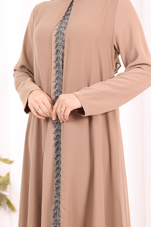 Pelerinli Ön Kısım İşleme Detay  Elbise ŞAL HEDİYE  3868 Vizon - 7