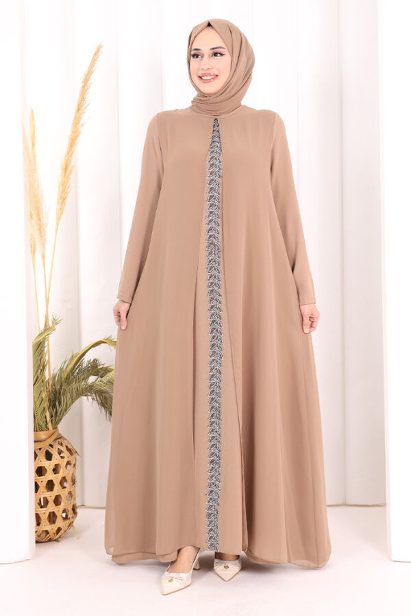 Pelerinli Ön Kısım İşleme Detay  Elbise ŞAL HEDİYE  3868 Vizon - 2