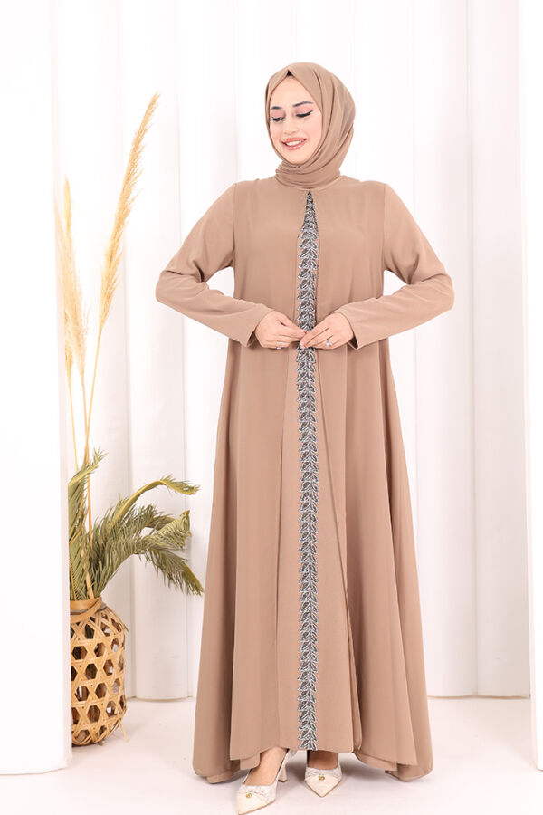 Pelerinli Ön Kısım İşleme Detay  Elbise ŞAL HEDİYE  3868 Vizon - 3