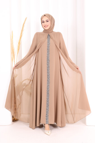 Pelerinli Ön Kısım İşleme Detay  Elbise ŞAL HEDİYE  3868 Vizon 