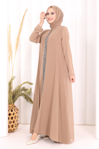 Pelerinli Ön Kısım İşleme Detay  Elbise ŞAL HEDİYE  3868 Vizon - 4