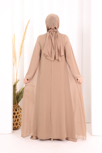 Pelerinli Ön Kısım İşleme Detay  Elbise ŞAL HEDİYE  3868 Vizon - 5