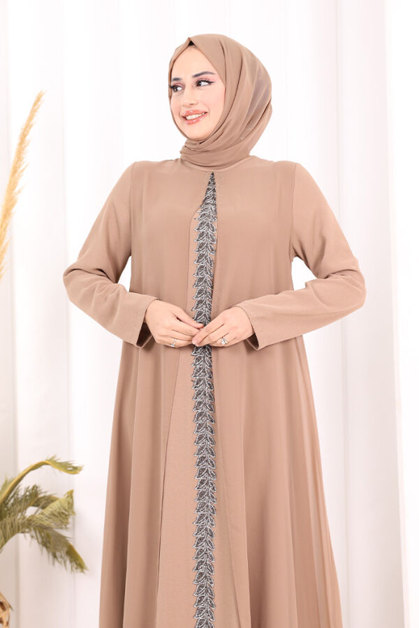 Pelerinli Ön Kısım İşleme Detay  Elbise ŞAL HEDİYE  3868 Vizon - 6