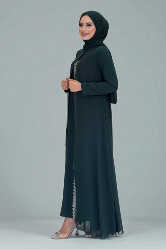 Pelerinli Ön Kısım İşleme Detay Şallı Elbise 3868 Zümrüt - 3
