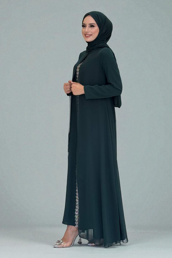 Pelerinli Ön Kısım İşleme Detay Şallı Elbise 3868 Zümrüt - 3