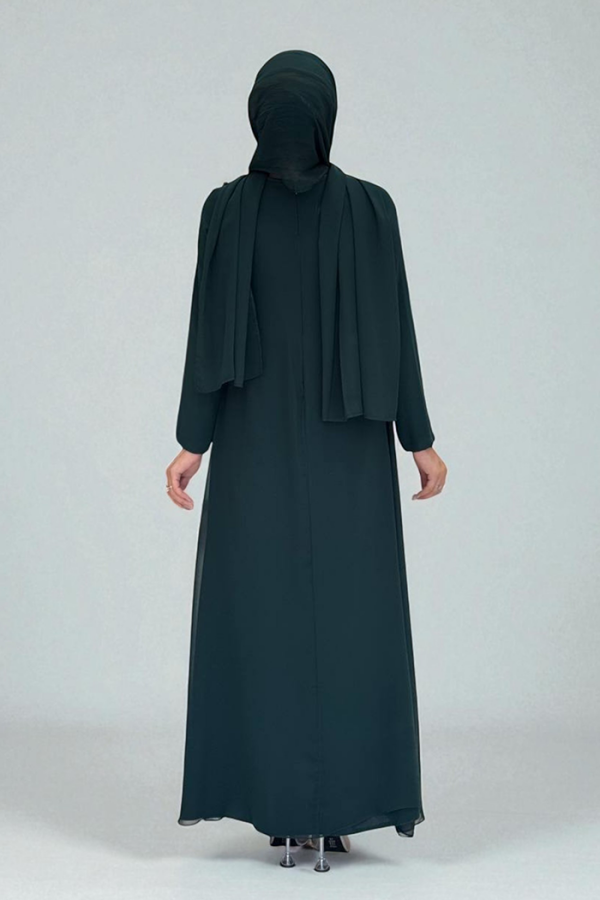 Pelerinli Ön Kısım İşleme Detay Şallı Elbise 3868 Zümrüt - 2