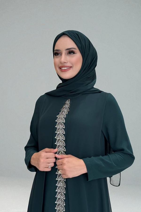 Pelerinli Ön Kısım İşleme Detay Şallı Elbise 3868 Zümrüt - 5