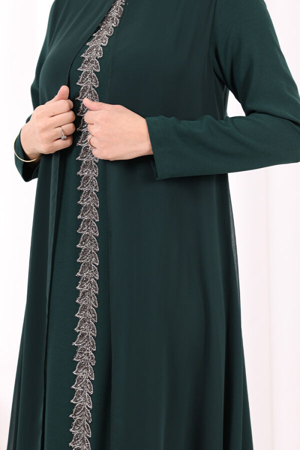 Pelerinli Ön Kısım İşleme Detay  Elbise ŞAL HEDİYE  3868 Zümrüt - 7