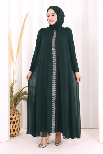 Pelerinli Ön Kısım İşleme Detay  Elbise ŞAL HEDİYE  3868 Zümrüt 