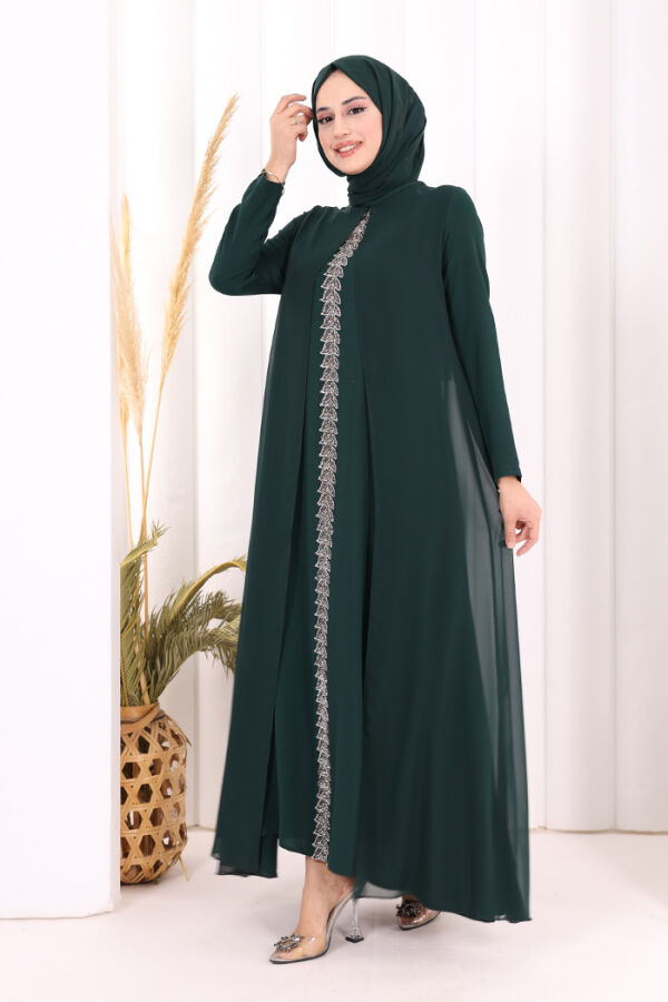 Pelerinli Ön Kısım İşleme Detay  Elbise ŞAL HEDİYE  3868 Zümrüt - 2