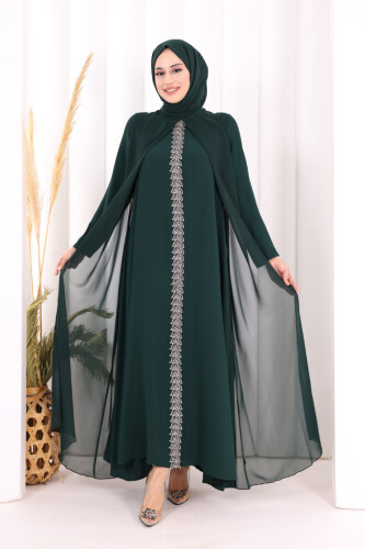 Pelerinli Ön Kısım İşleme Detay  Elbise ŞAL HEDİYE  3868 Zümrüt - 3