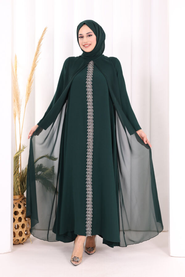 Pelerinli Ön Kısım İşleme Detay  Elbise ŞAL HEDİYE  3868 Zümrüt - 3