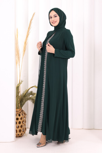 Pelerinli Ön Kısım İşleme Detay  Elbise ŞAL HEDİYE  3868 Zümrüt - 4
